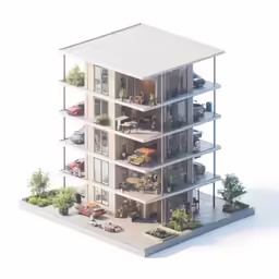 an apartment building with cars parked in the front