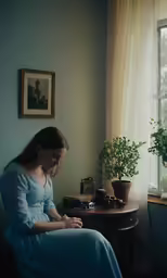 a woman sitting in front of a window