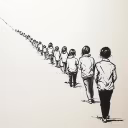 a line of people walk down the road