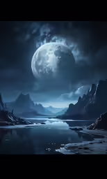 the full moon is shining above the water