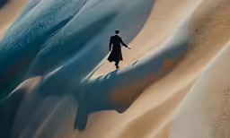 a man dressed in black walking along a sandy landscape