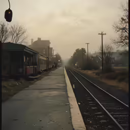 a train on a track passing by buildings
