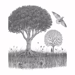 an image of birds and a tree that is in the air