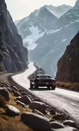 a black sports car is driving on the road