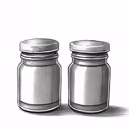 two jars sitting next to each other in front of a white wall