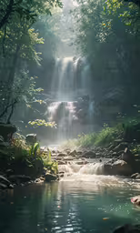 a small waterfall flowing out of a green forest