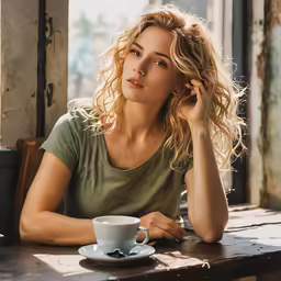woman looking off to the side at a table with a cup of coffee in front of her