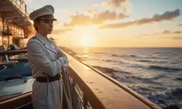 a woman in uniform standing next to a rail with the sunset behind her