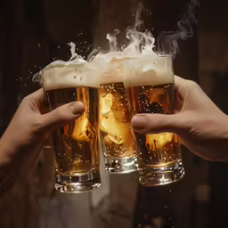 two men holding up their glasses of beer together