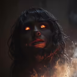 a woman with bright orange eyes stares at the camera