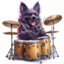 a dog playing drums on the set of drums