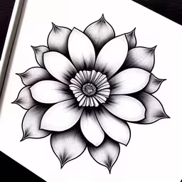a drawing of a flower with black and white ink
