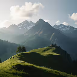 a green hillside with mountains and trees in the background