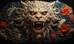 a statue of a demon with red eyes and long hair