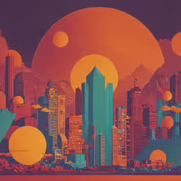a large city with tall buildings on the sides and sun rising,a cityscape with mountains and skyscrapers in the background
