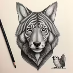 a pencil drawing of a tiger and a bird,drawing by artist alex o