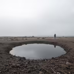 a man stands in front of a large water hole