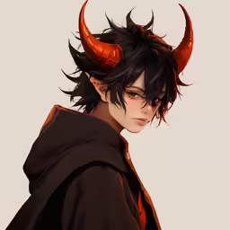 the boy is wearing a horned headband with long hair