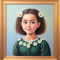 a painting of a girl with daisies in her hair