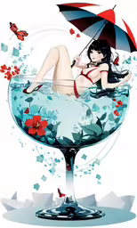 a woman with an umbrella sits in a martini glass
