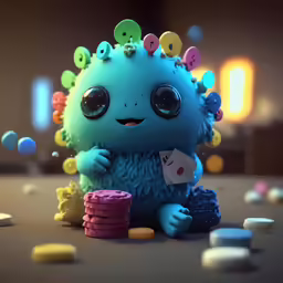 a blue stuffed toy with lots of tiny buttons around it