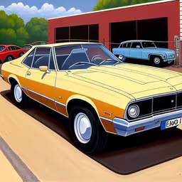 there are cars parked next to a building,a car painted on a street near two other cars