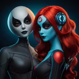 two women dressed in futuristic costumes