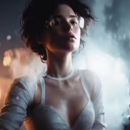 a woman in white with her eyes half closed, smoke behind her and her hands over her shoulder