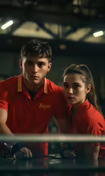 two people in orange shirts stand next to an object