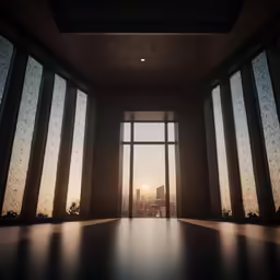a large room with many tall windows in it