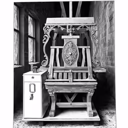 the wooden bench is next to the white stove