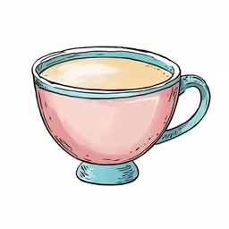 a pink cup filled with tea sits on top of a white table