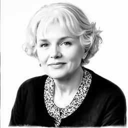a woman wearing a sweater and necklace poses for a black and white photo