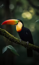 toucan on branch with large green leafy tree and blurry background