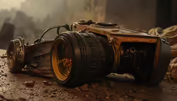 a camera that is sitting on a dirty ground