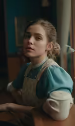 a young woman sitting at a table next to a cup