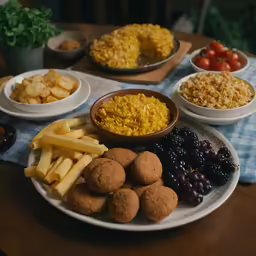 plates of food, including cheese balls, grapes, and other food on the table