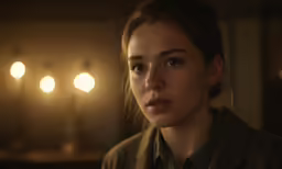 the woman is staring ahead while sitting down