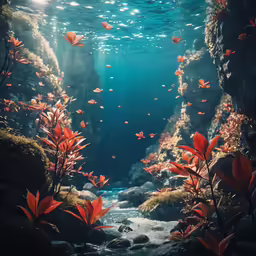 the underwater view shows bright red fish and mossy water