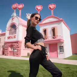 a woman in a black and white top, slacks and sunglasses posing for a photo