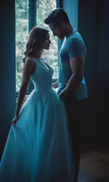 an elegant young couple posing near a window