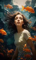 a woman floating through water surrounded by fish