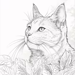 an ink drawing of a cat in the leaves