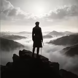 a man stands on a rocky peak above a large valley