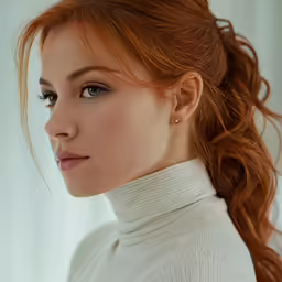 a woman is dressed nicely, with her hair curled up in the wind