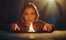 a woman holds her hand over a skillet with a flame