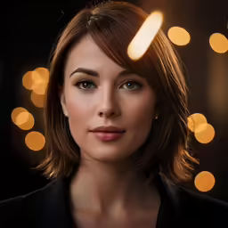 a woman posing for a picture in front of a background of lights