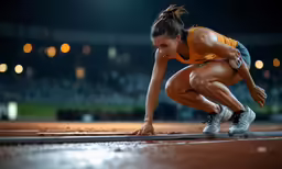 a woman in yellow tank top on running down a track