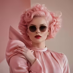 a woman in a pink dress with a bow