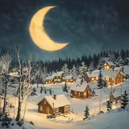 snowy scene with cabin and full moon at night